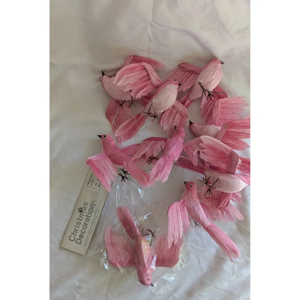 Vintage Montgomery Ward Pink Feather Bird Ornaments in Cookie Tin